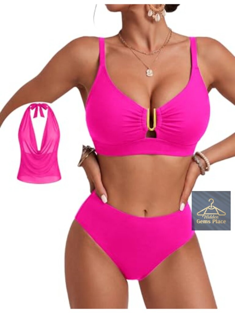 3 Piece Mesh Bikini Set with Removable Padding Adjustable Straps U-Wire